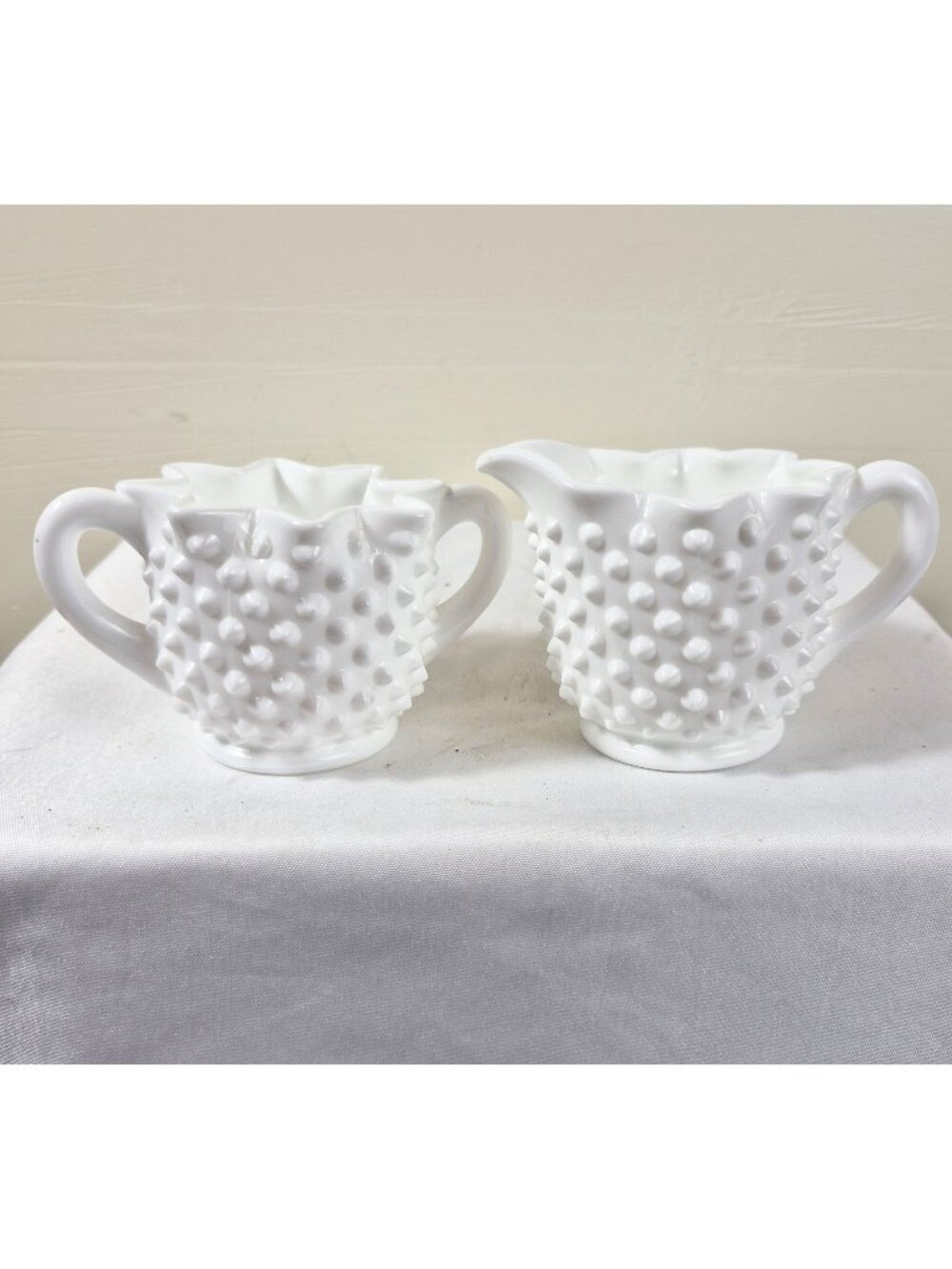 Fenton Hobnail Milk Glass Sugar & Creamer Set 3.5" Scalloped Edge Vintage